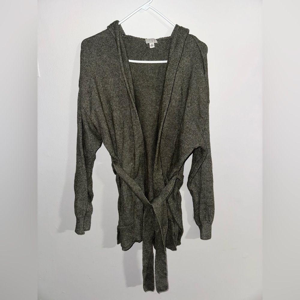 A New Day Green Hooded Cardigan Knit Tie-Waist Sweater Size M Medium